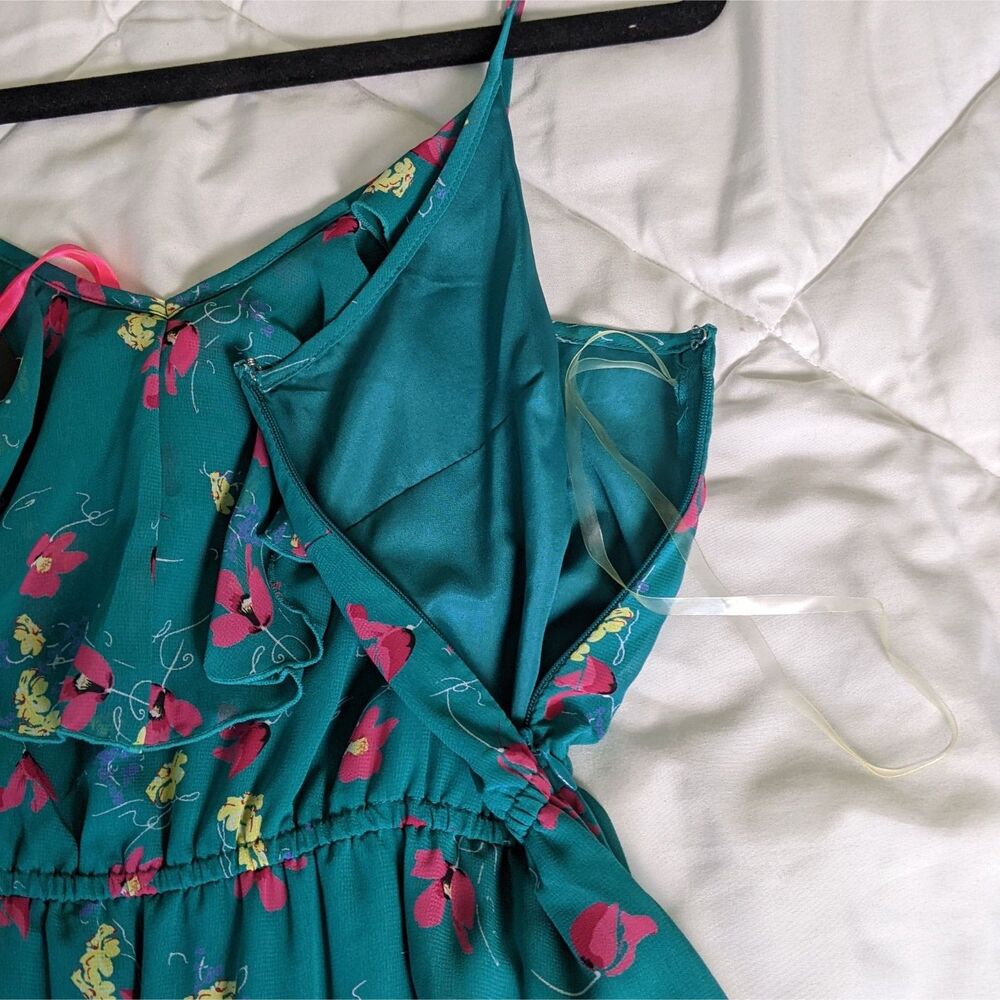NWT Romantic Floral Maxi Dress Teal | Cottagecore Boho Sundress Pockets Slit - Picture 14 of 15